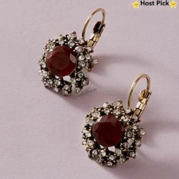 None Jewelry - Boho Ethnic Ruby Red Crystal & Rhinestones Flower Drop Lever Back Earrings
